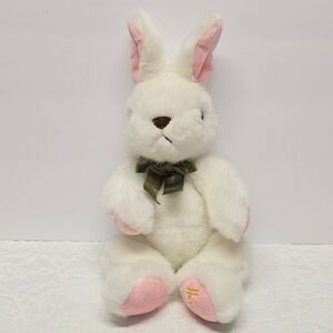 Vintage Harrods White Easter Bunny Rabbit Plush Olive Ribbon Made In Vietnam